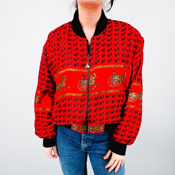 American Vintage Jackets & Blazers - Vintage Red & Black Light Weight Novelty Horse Chariot Bomber Jacket - Size L